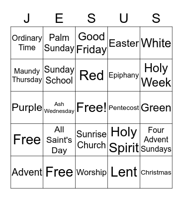 Liturgical Calendar Bingo Card