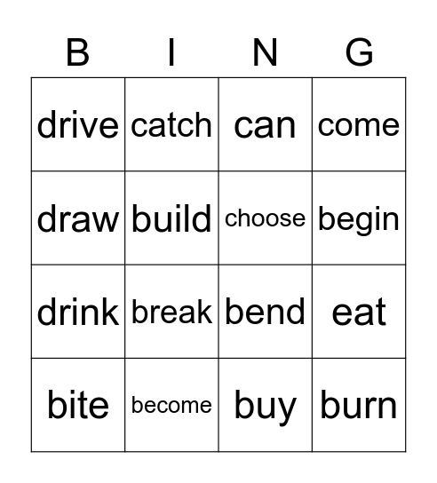 IRREGULAR VERBS 1/4 Bingo Card