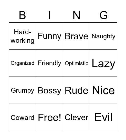 Personality Bingo Card