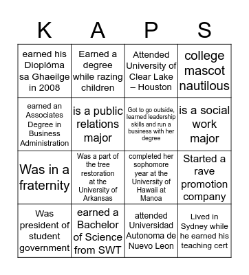 KAPS COLLEGE BINGO Card