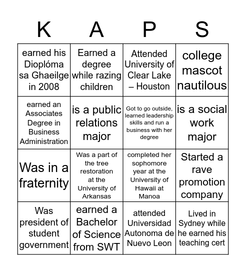 KAPS COLLEGE BINGO Card