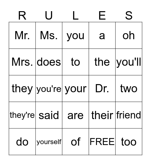 KITS1-2 IRREGULAR WORDS BREAK THE... Bingo Card