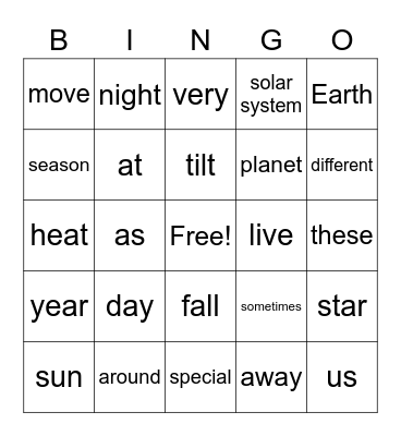Intermediate November Spelling & Vocabulary Bingo Card