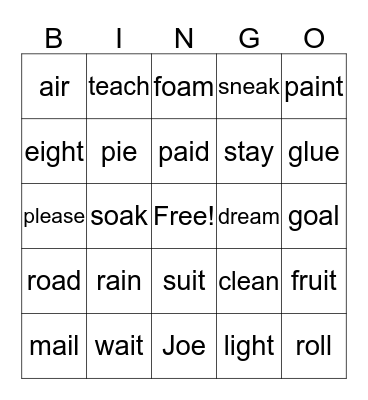 1B Long Vowel Patterns Bingo Card