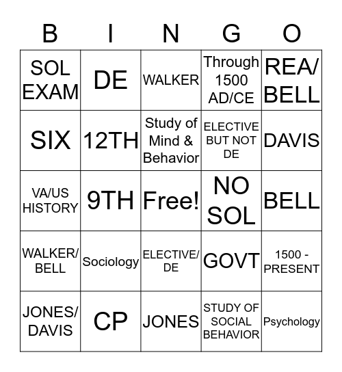 GCHS History Department BINGO Card