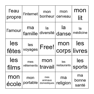 French Club Thanksgiving Bingo Card