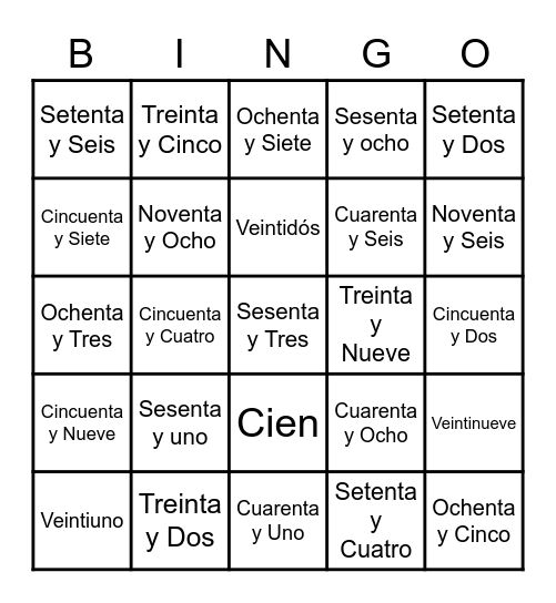 Números 20-100 Bingo Card