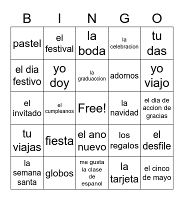 Celebraciones en espanol Bingo Card