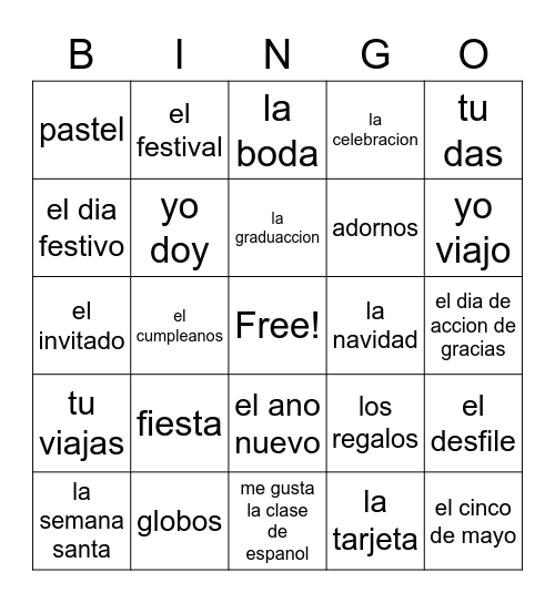 Celebraciones en espanol Bingo Card