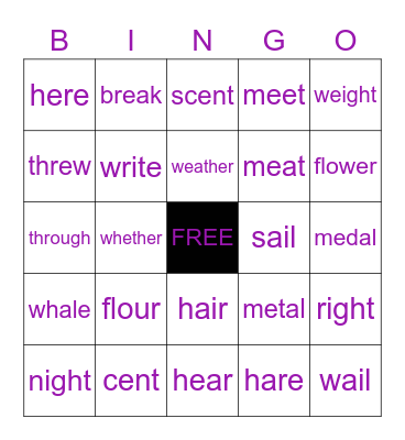 Homophones Bingo Card