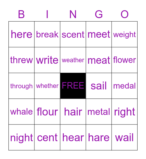 Homophones Bingo Card