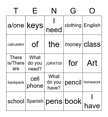 La escuela Bingo Card