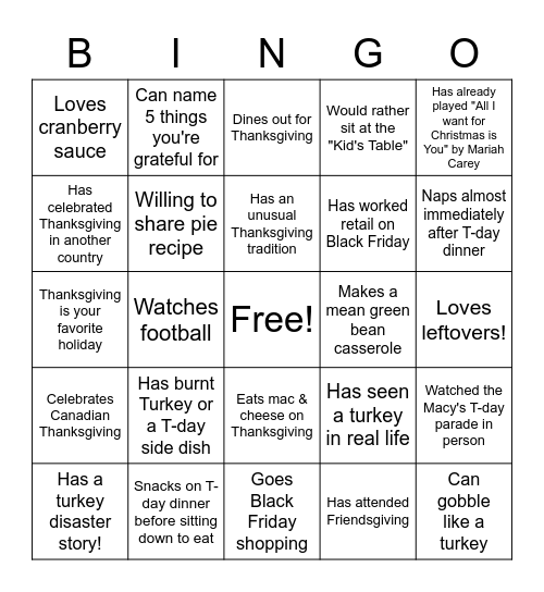 Thanksgiving Bingo! Bingo Card