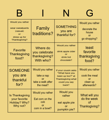 TURKEY DAY BINGO! Bingo Card