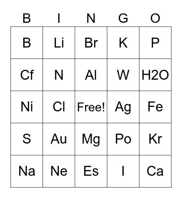 Periodic Table Bingo Card