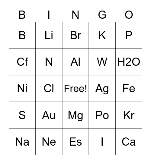 Periodic Table Bingo Card