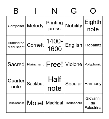 Renaissance Music Bingo Card