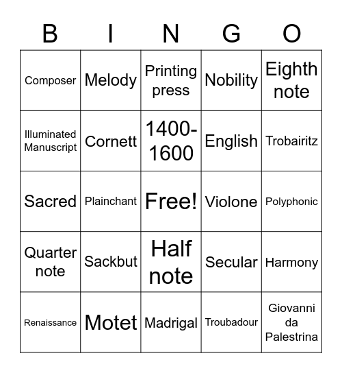 Renaissance Music Bingo Card