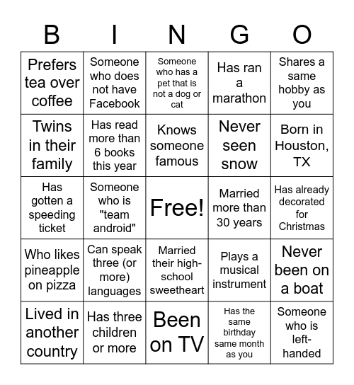 Getting To Know ? Bingo Card