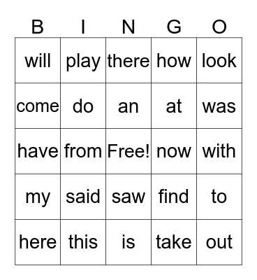 Sight Words Bingo Card