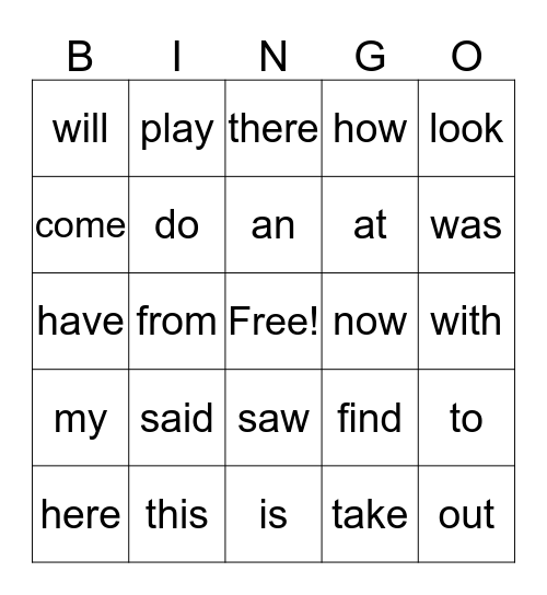 Sight Words Bingo Card