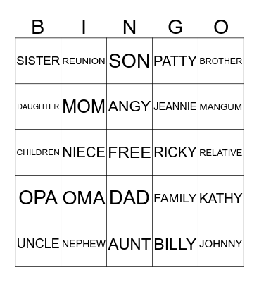 Mangum Family Bingo Card