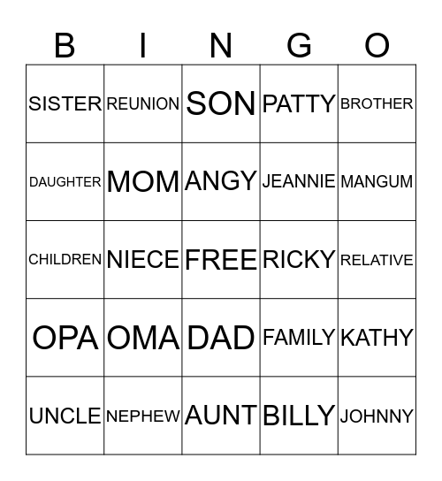 Mangum Family Bingo Card