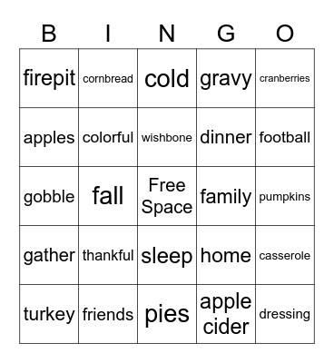 Thanksgiving Bingo Card