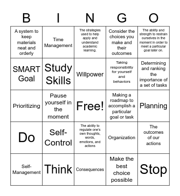 Self-Management Vocabulary Bingo Card