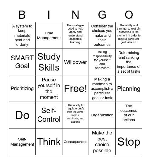 Self-Management Vocabulary Bingo Card