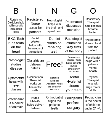 Health Care Careers Bingo Card