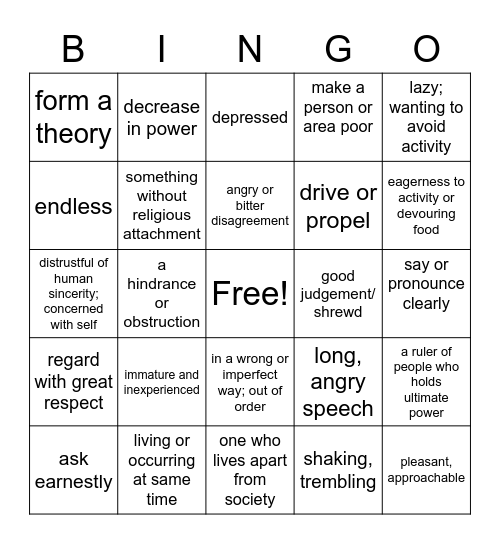 Vocab words Bingo Card