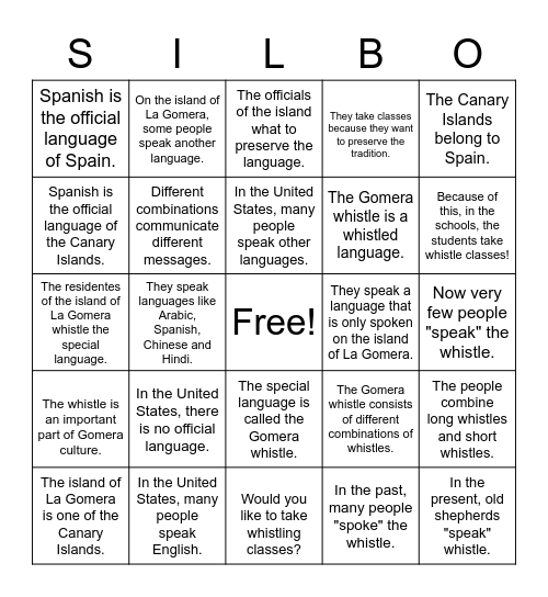 El silbo gomero Bingo Card