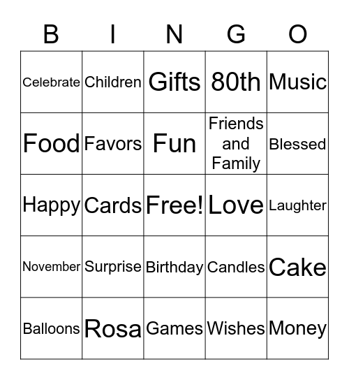 ROSA'S 80th BIRTHDAY Bingo Card