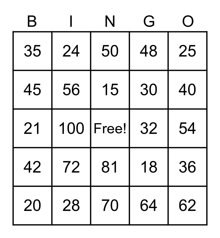 בינגו לוח הכפל Bingo Card