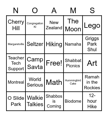 Noam Bingo Card