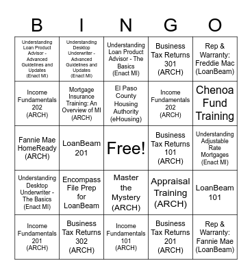 Training Bingo Card