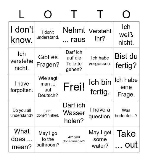 Ausdrücke fürs Klassenzimmer Bingo Card