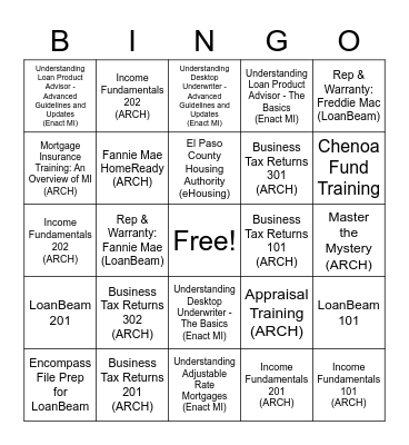 Training Bingo Card