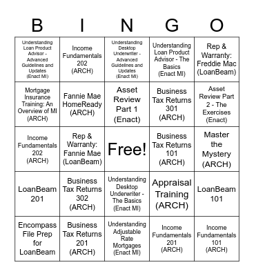 Training Bingo Card