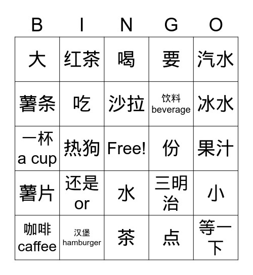 U4-A fast food Bingo Card