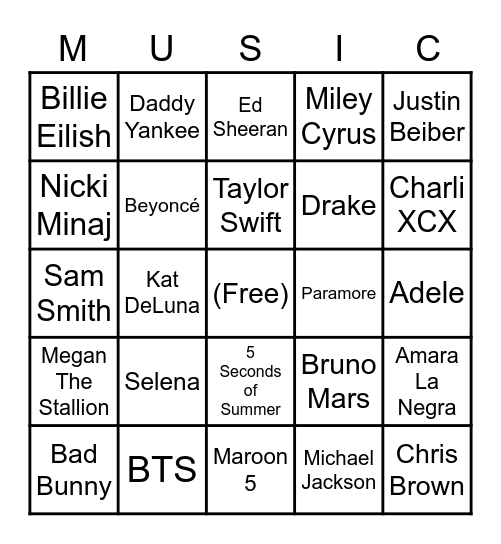 Favourite Music Artists Bingo Card