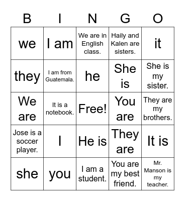 Verb to be Bingo Card