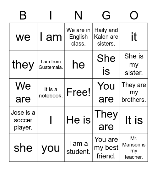 Verb to be Bingo Card