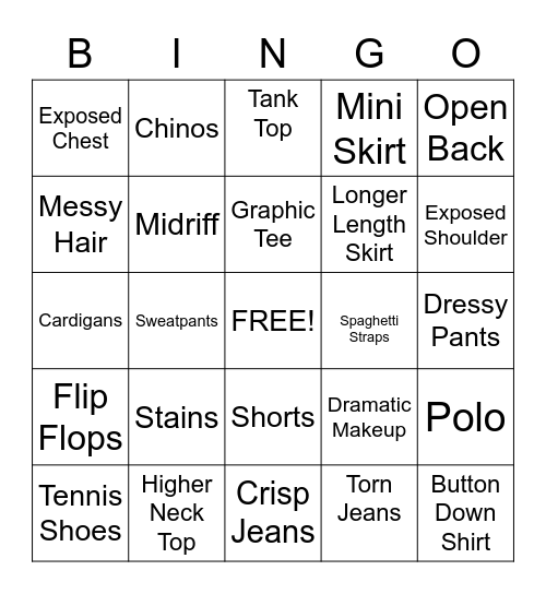 Dress Code BINGO Card