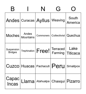 Incas Bingo Card