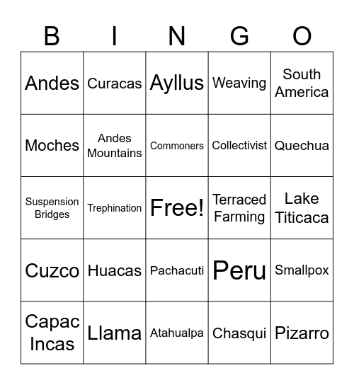Incas Bingo Card