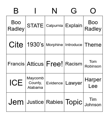 To Kill a Mockingbird Bingo Card