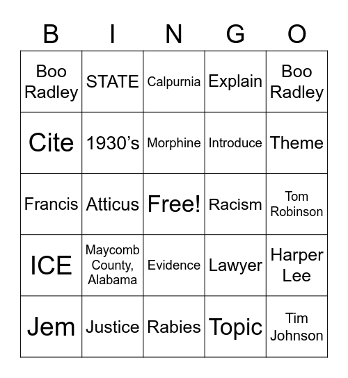 To Kill a Mockingbird Bingo Card