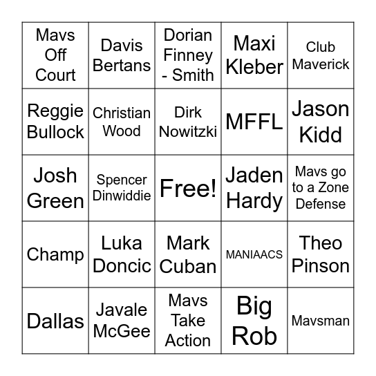 MAVS MANIAA BINGO Card